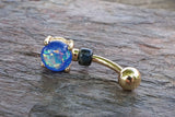 Blue Opal Glitter Gold Belly Button Ring Prong Set