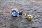 Blue Opal Glitter Gold Belly Button Ring Prong Set