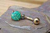 Green Opal Glitter Gold Belly Button Ring Prong Set