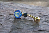 Blue Opal Glitter Gold Belly Button Ring Prong Set