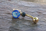 Blue Opal Glitter Gold Belly Button Ring Prong Set