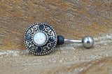 Belly Button Ring Round Tribal Shield With White Opal
