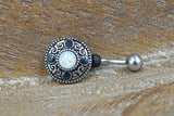 Belly Button Ring Round Tribal Shield With White Opal