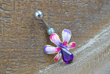 Pink and Purple Hibiscus Flower Gold Belly Button Ring
