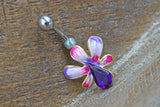 Pink and Purple Hibiscus Flower Gold Belly Button Ring