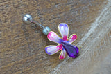 Pink and Purple Hibiscus Flower Gold Belly Button Ring