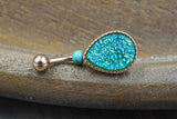 Teal Teardrop Druzy Rose Gold Belly Button Ring - Short Belly Button Ring