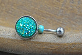 Teal Druzy Round Belly Button Ring - Short Belly Button Ring