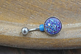 Dark Purple Druzy Round Belly Button Ring - Short Belly Button Ring