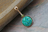 Teal Green Druzy Round Rose Gold Belly Button Ring - Short Belly Button Ring