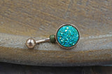 Teal Green Druzy Round Rose Gold Belly Button Ring - Short Belly Button Ring