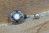 Belly Button Ring Round Tribal Shield With White Opal
