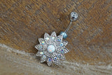 Aurora Borealis Belly Rings - Opal Belly Button Rings - White Opal Flower Belly Button Jewelry