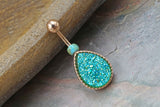 Teal Teardrop Druzy Rose Gold Belly Button Ring - Short Belly Button Ring