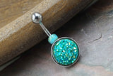Teal Druzy Round Belly Button Ring - Short Belly Button Ring