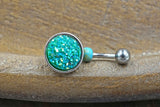 Teal Druzy Round Belly Button Ring - Short Belly Button Ring