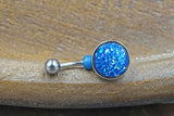 Blue Druzy Round Belly Button Ring - Short Belly Button Ring