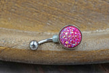 Hot Pink Druzy Round Belly Button Ring - Short Belly Button Ring