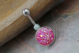 Hot Pink Druzy Round Belly Button Ring - Short Belly Button Ring