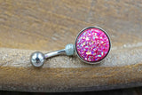 Hot Pink Druzy Round Belly Button Ring - Short Belly Button Ring