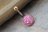 Bright Pink Druzy Round Rose Gold Belly Button Ring - Short Belly Button Ring