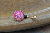 Bright Pink Druzy Round Rose Gold Belly Button Ring - Short Belly Button Ring
