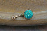 Teal Green Druzy Round Rose Gold Belly Button Ring - Short Belly Button Ring