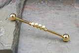 14 Gauge or 16 Gauge Industrial Barbell Creamy White Beaded Gold, Silver, or Rose Gold