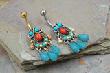 Turquoise Set Tribal Filigree with Beads Dangle 316L Surgical Steel Belly Button Navel Rings
