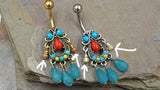 Turquoise Set Tribal Filigree with Beads Dangle 316L Surgical Steel Belly Button Navel Rings