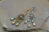 Tribal Square Flower with Turquoise Center and Beads Dangle 316L Surgical Steel Belly Button Navel Rings