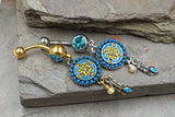 Aztec Turquoise Paved Circle and Feather Dangle 316L Surgical Steel Jeweled Ball Belly Button Navel Rings