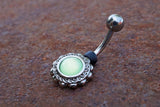 Lime Green Illuminating Stone Flower 316L Surgical Steel Belly Button Navel Ring