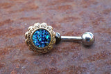 Dark Blue Druzy Flower Gold Belly Button Navel Rings
