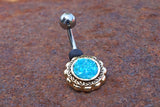 Aqua Blue Druzy Flower Gold Belly Button Navel Rings