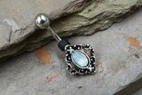 White Opalite Crystal Centered Filigree Square 316L Surgical Steel Belly Button Navel Rings