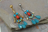 Turquoise Set Tribal Filigree with Beads Dangle 316L Surgical Steel Belly Button Navel Rings