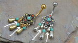 Tribal Square Flower with Turquoise Center and Beads Dangle 316L Surgical Steel Belly Button Navel Rings