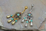 Tribal Square Flower with Turquoise Center and Beads Dangle 316L Surgical Steel Belly Button Navel Rings