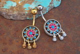 Turquoise Enamel and Beads Aztec Tribal Sun 316L Surgical Steel Belly Button Navel Rings
