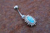 Blue Opal Sunburst Silver Belly Button Navel Rings