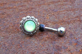 Lime Green Illuminating Stone Flower 316L Surgical Steel Belly Button Navel Ring