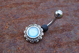 Blue Illuminating Stone Flower 316L Surgical Steel Belly Button Navel Ring