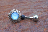 Blue Illuminating Stone Flower 316L Surgical Steel Belly Button Navel Ring