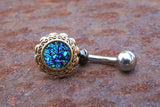 Dark Blue Druzy Flower Gold Belly Button Navel Rings