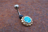 Aqua Blue Druzy Flower Gold Belly Button Navel Rings