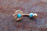 Flower Filigree Turquoise Center Rook Earring Daith Piercing Eyebrow Ring Curved Barbell