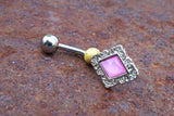 Pastel Pink Diamond Shaped Filigree Illuminating Stone Center 316L Surgical Steel Belly Button Navel Ring