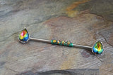 Multi Color CZ Vitrail Teardrop Industrial Barbell 14g