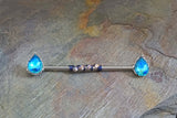 Aqua Blue CZ Teardrop Industrial Barbell 14g
